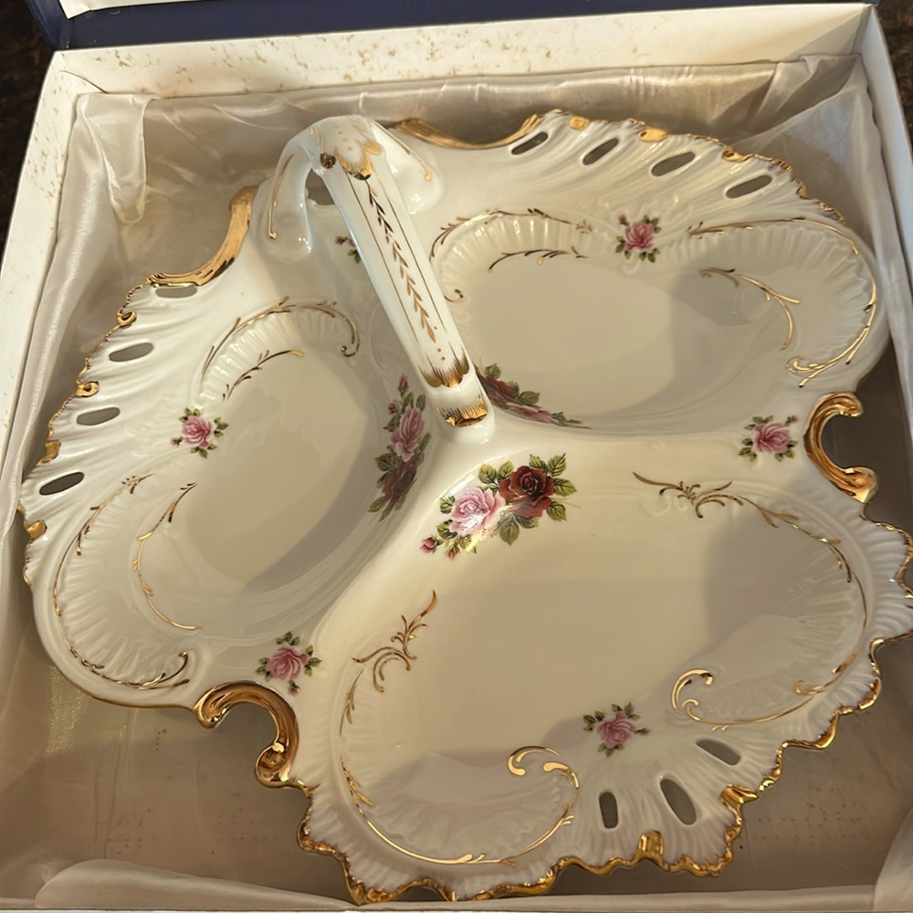 Vintage Germany Gold Trim Floral Design Porcelain 3 sections Serving Platter NIB